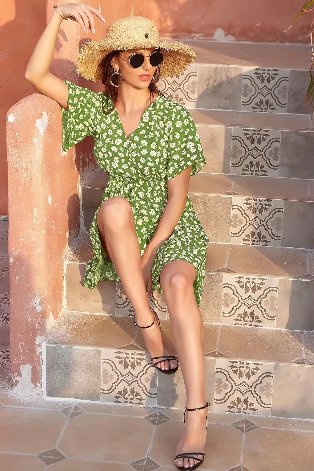 Women's Summer Wrap V Neck Floral Dresses Short Sleeve Ruffle Swing A Line Beach Mini Dress