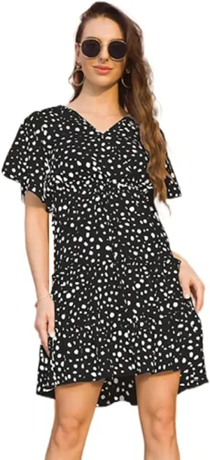 Women's Summer Wrap V Neck Floral Dresses Short Sleeve Ruffle Swing A Line Beach Mini Dress