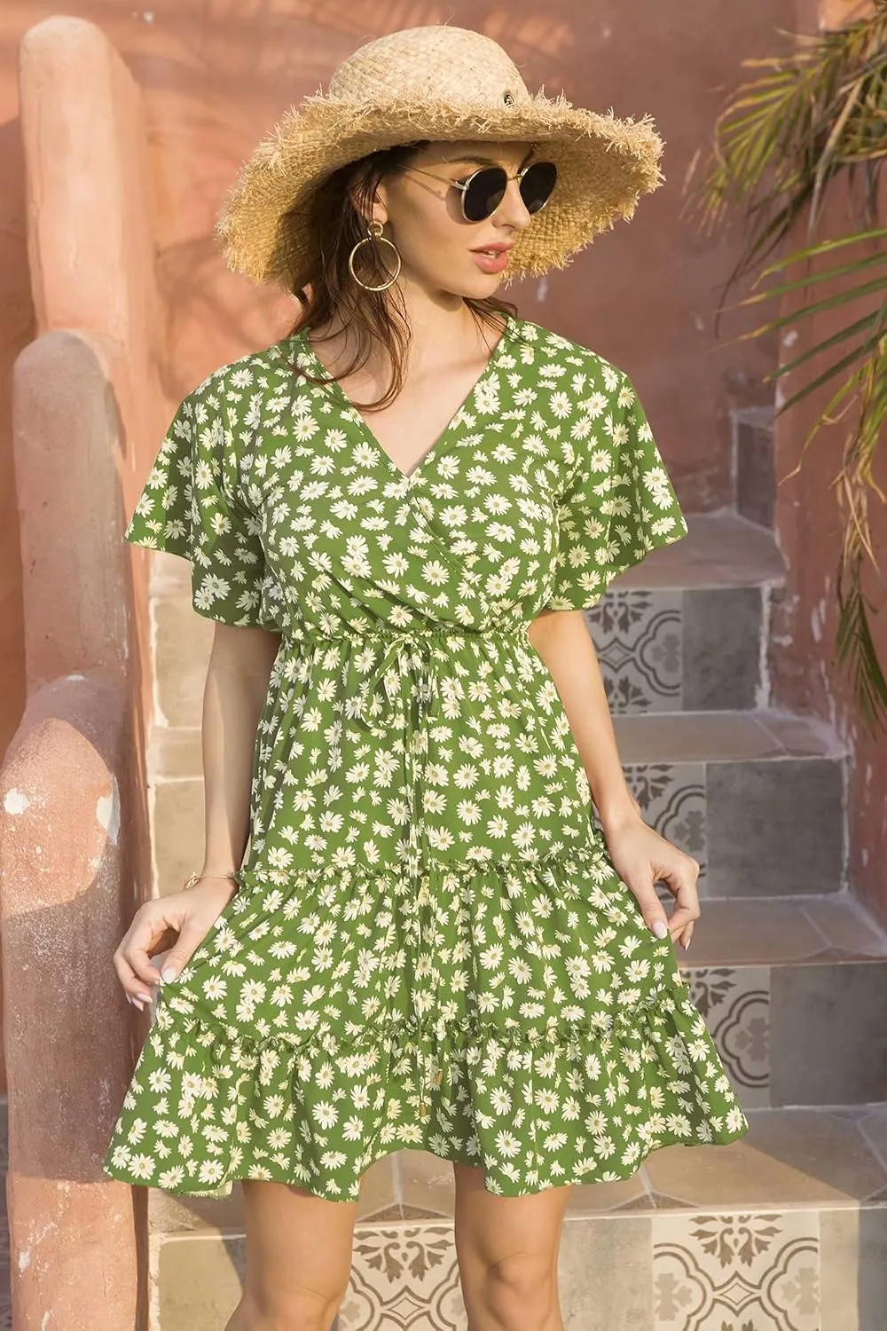 Women's Summer Wrap V Neck Floral Dresses Short Sleeve Ruffle Swing A Line Beach Mini Dress