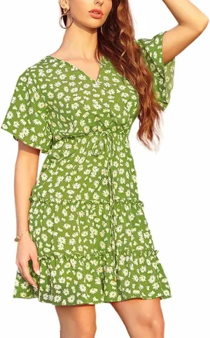 Women's Summer Wrap V Neck Floral Dresses Short Sleeve Ruffle Swing A Line Beach Mini Dress