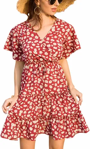 Women's Summer Wrap V Neck Floral Dresses Short Sleeve Ruffle Swing A Line Beach Mini Dress