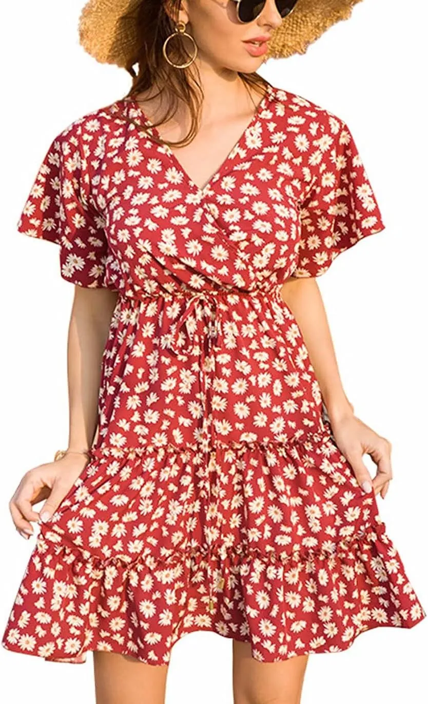 Women's Summer Wrap V Neck Floral Dresses Short Sleeve Ruffle Swing A Line Beach Mini Dress