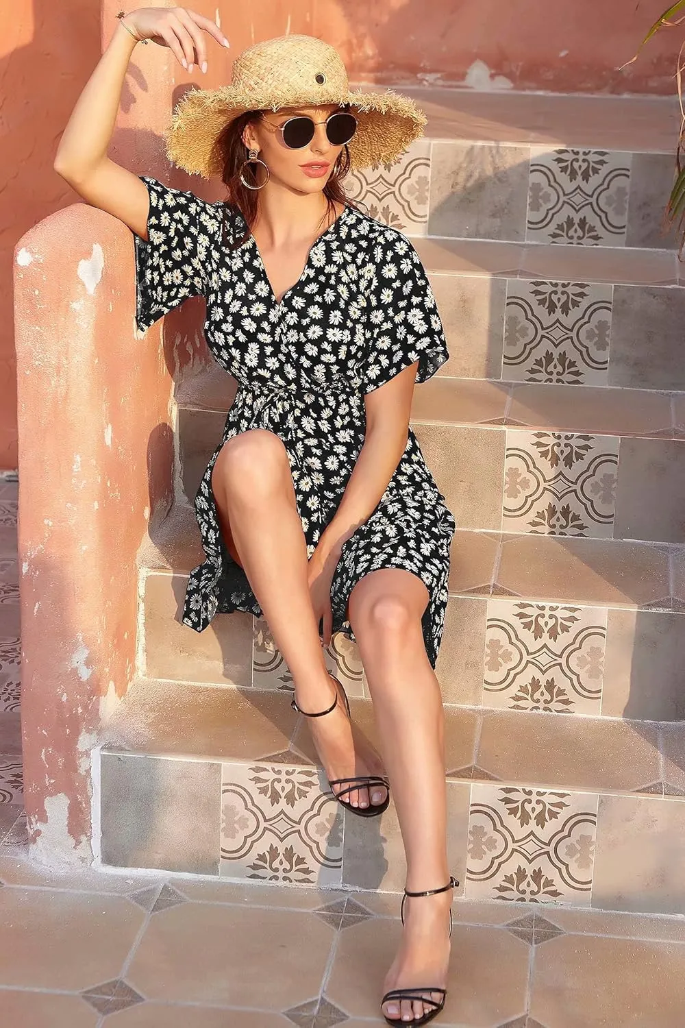 Women's Summer Wrap V Neck Floral Dresses Short Sleeve Ruffle Swing A Line Beach Mini Dress