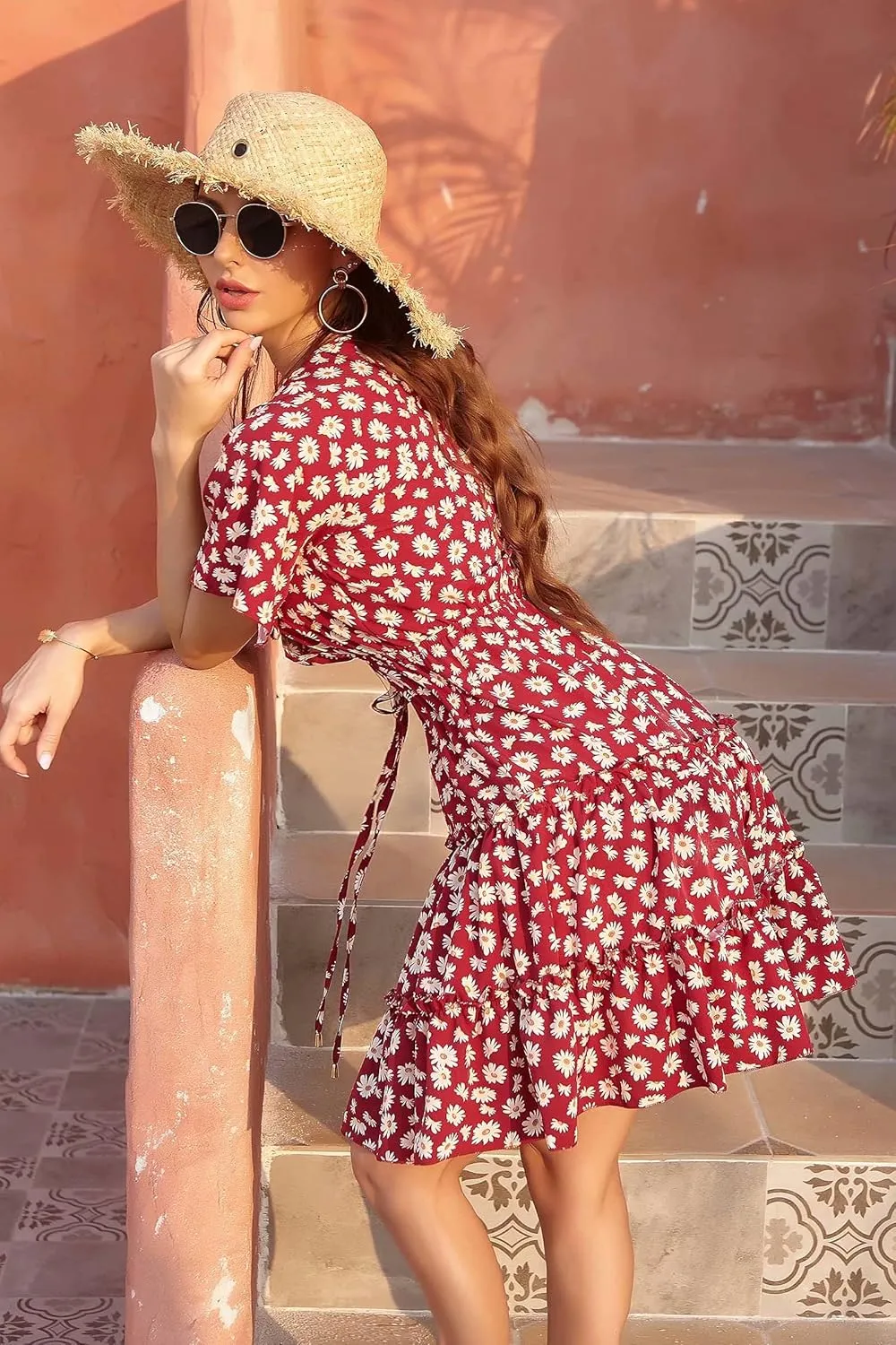 Women's Summer Wrap V Neck Floral Dresses Short Sleeve Ruffle Swing A Line Beach Mini Dress