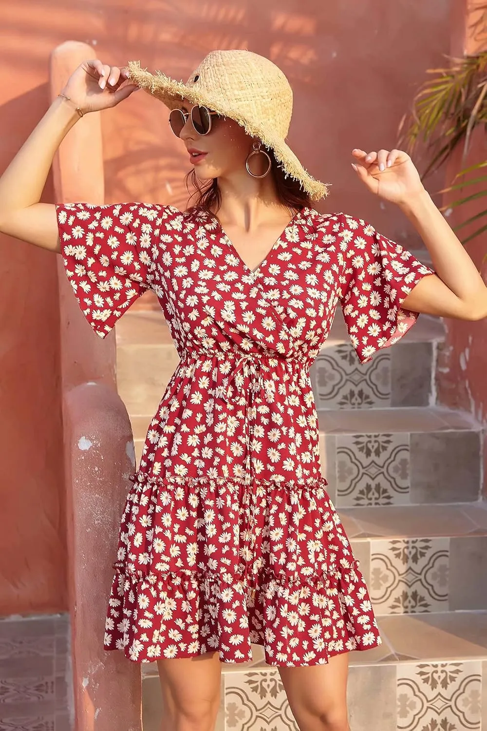 Women's Summer Wrap V Neck Floral Dresses Short Sleeve Ruffle Swing A Line Beach Mini Dress