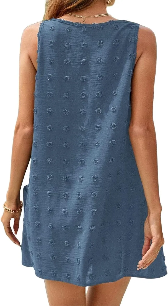 Women's Swiss Dot Short Dress Swimsuit Beach Cover Up Bikini Beachwear Bathing Suit Summer Beach Sun Dress with Pockets