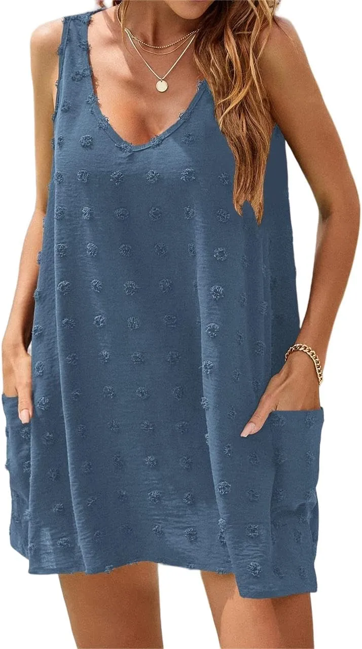 Women's Swiss Dot Short Dress Swimsuit Beach Cover Up Bikini Beachwear Bathing Suit Summer Beach Sun Dress with Pockets