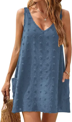 Women's Swiss Dot Short Dress Swimsuit Beach Cover Up Bikini Beachwear Bathing Suit Summer Beach Sun Dress with Pockets