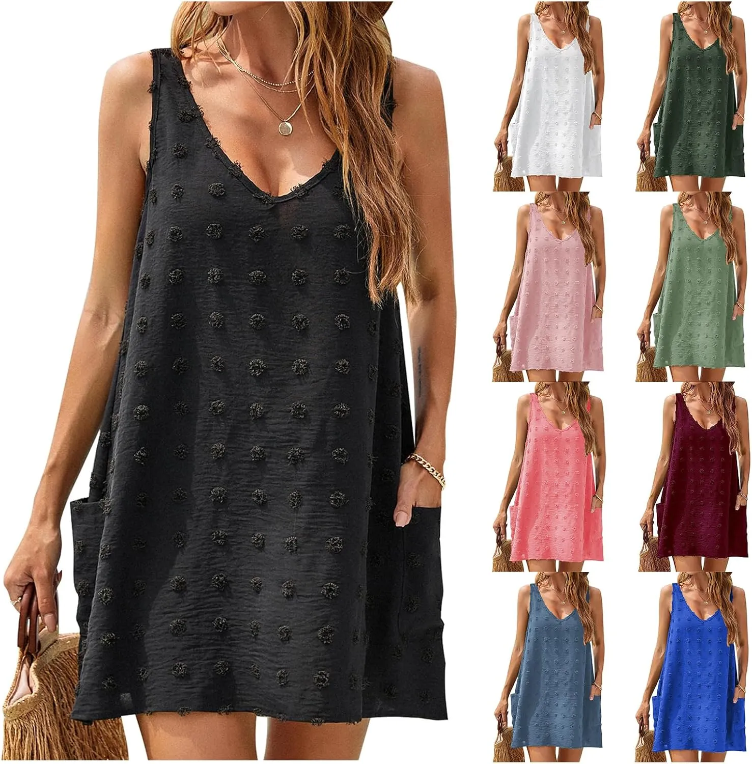 Women's Swiss Dot Short Dress Swimsuit Beach Cover Up Bikini Beachwear Bathing Suit Summer Beach Sun Dress with Pockets