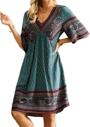 Women's Vintage Ethnic Boho Printed V Neck Tunic Midi Dresses Loose Half Sleeve Plus Size Flowy Knee Length Dress 2025