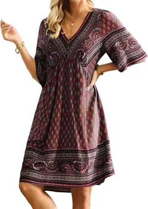 Women's Vintage Ethnic Boho Printed V Neck Tunic Midi Dresses Loose Half Sleeve Plus Size Flowy Knee Length Dress 2025
