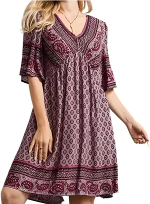 Women's Vintage Ethnic Boho Printed V Neck Tunic Midi Dresses Loose Half Sleeve Plus Size Flowy Knee Length Dress 2025