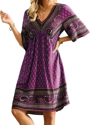 Women's Vintage Ethnic Boho Printed V Neck Tunic Midi Dresses Loose Half Sleeve Plus Size Flowy Knee Length Dress 2025