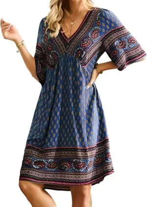 Women's Vintage Ethnic Boho Printed V Neck Tunic Midi Dresses Loose Half Sleeve Plus Size Flowy Knee Length Dress 2025