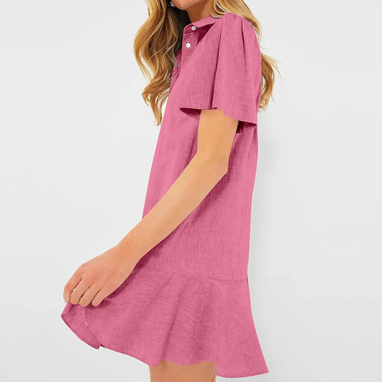 Work Dresses for Women 2025 Button Down Shirt Dress Short Sleeve Cotton Linen Ruffle Shift Mini Dresses