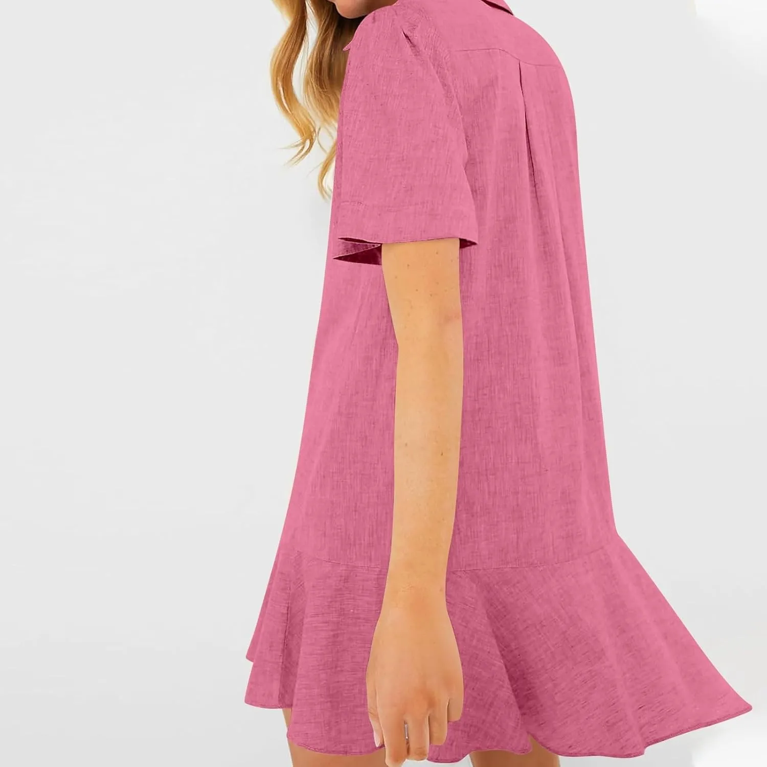 Work Dresses for Women 2025 Button Down Shirt Dress Short Sleeve Cotton Linen Ruffle Shift Mini Dresses