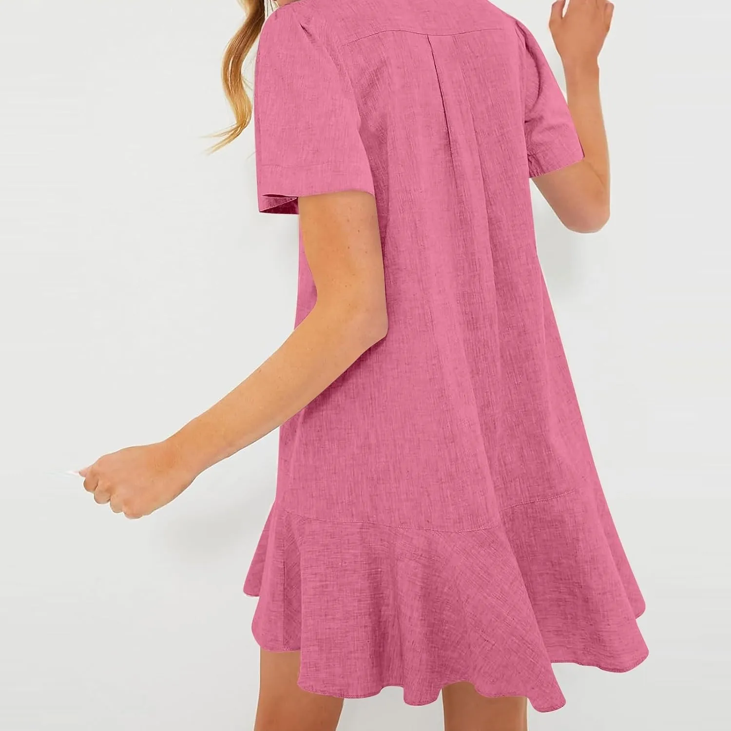 Work Dresses for Women 2025 Button Down Shirt Dress Short Sleeve Cotton Linen Ruffle Shift Mini Dresses