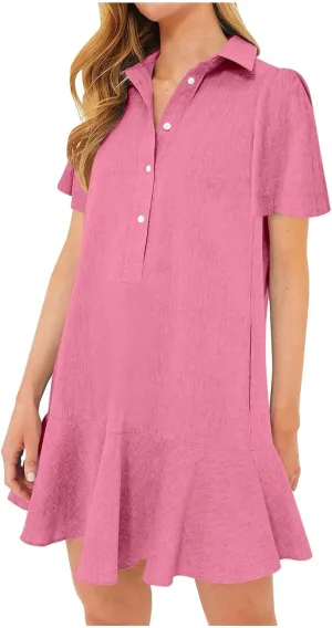 Work Dresses for Women 2025 Button Down Shirt Dress Short Sleeve Cotton Linen Ruffle Shift Mini Dresses
