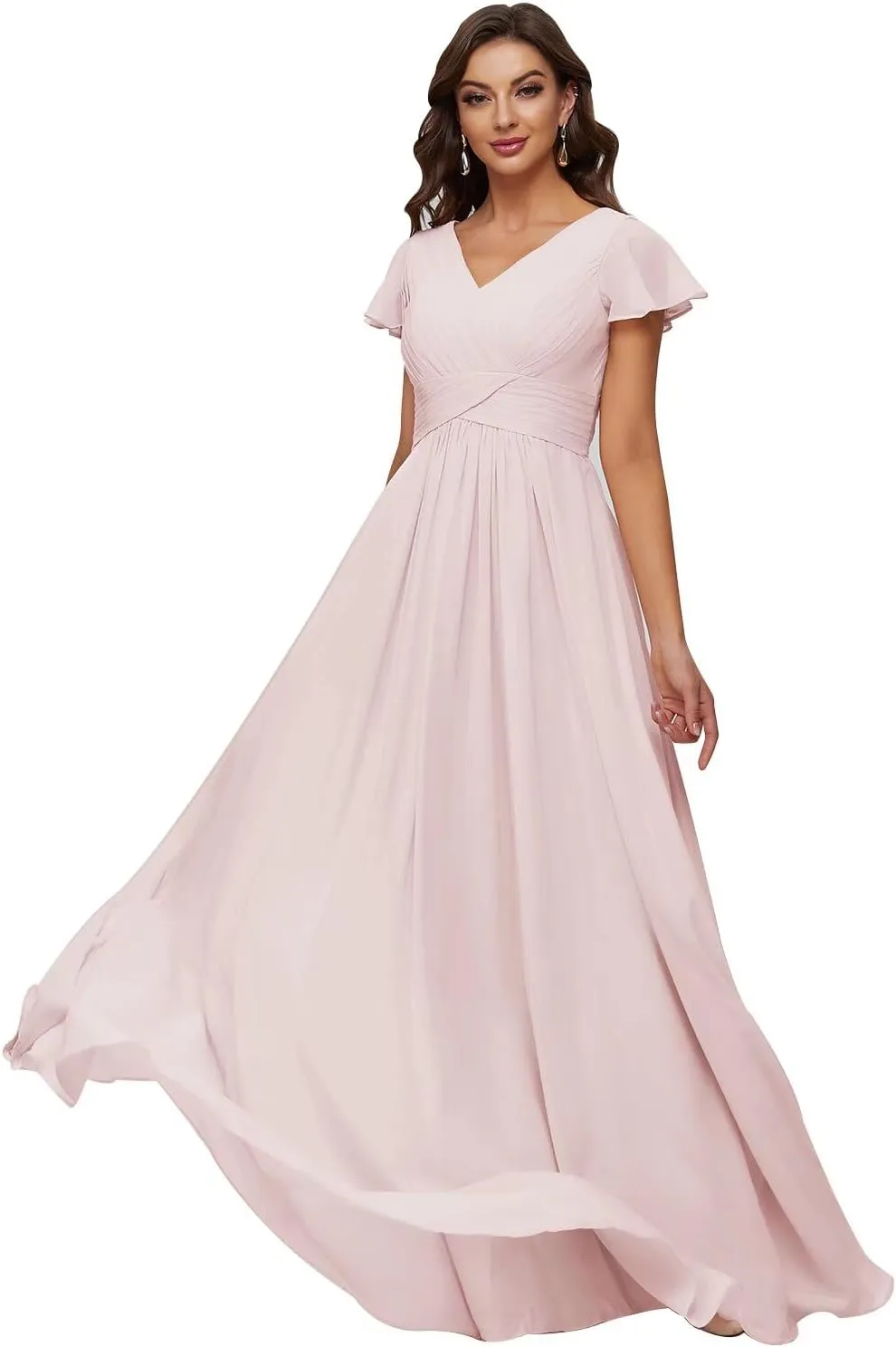 Xijun Women's V-Neck Chiffon Bridesmaid Dresses Long Bodices Pleated Evening Gowns Formal Wedding Party Dress