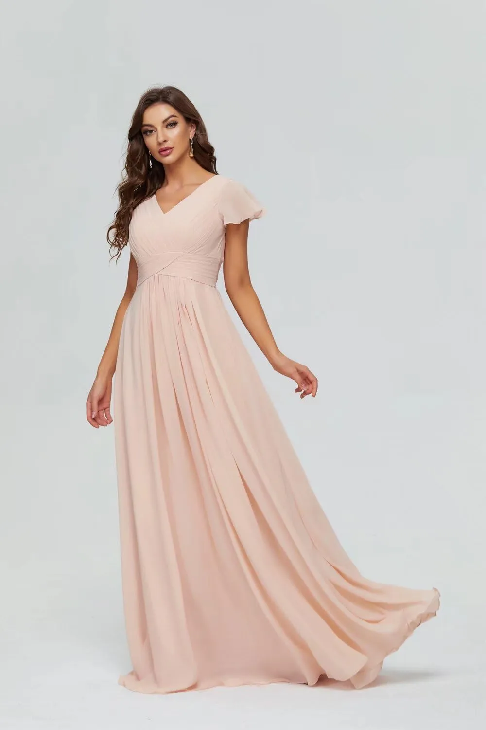 Xijun Women's V-Neck Chiffon Bridesmaid Dresses Long Bodices Pleated Evening Gowns Formal Wedding Party Dress