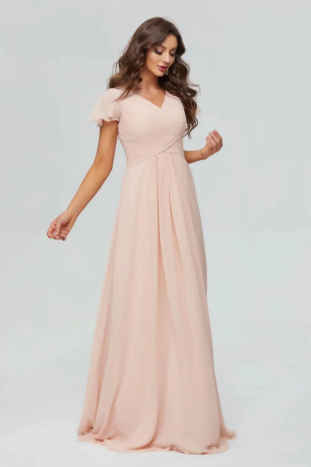 Xijun Women's V-Neck Chiffon Bridesmaid Dresses Long Bodices Pleated Evening Gowns Formal Wedding Party Dress
