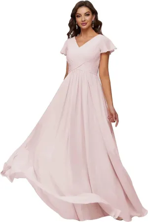 Xijun Women's V-Neck Chiffon Bridesmaid Dresses Long Bodices Pleated Evening Gowns Formal Wedding Party Dress