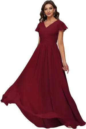 Xijun Women's V-Neck Chiffon Bridesmaid Dresses Long Bodices Pleated Evening Gowns Formal Wedding Party Dress
