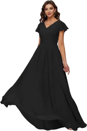 Xijun Women's V-Neck Chiffon Bridesmaid Dresses Long Bodices Pleated Evening Gowns Formal Wedding Party Dress