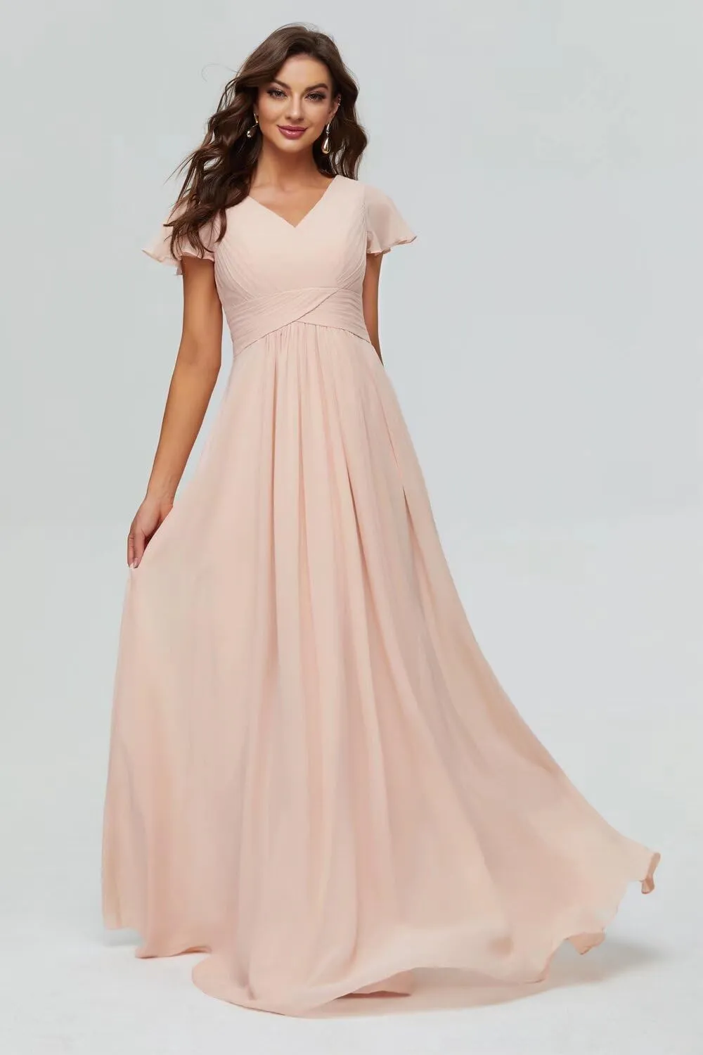 Xijun Women's V-Neck Chiffon Bridesmaid Dresses Long Bodices Pleated Evening Gowns Formal Wedding Party Dress