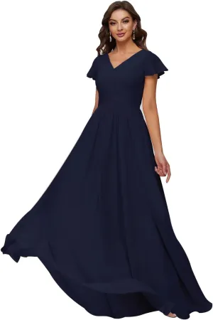 Xijun Women's V-Neck Chiffon Bridesmaid Dresses Long Bodices Pleated Evening Gowns Formal Wedding Party Dress