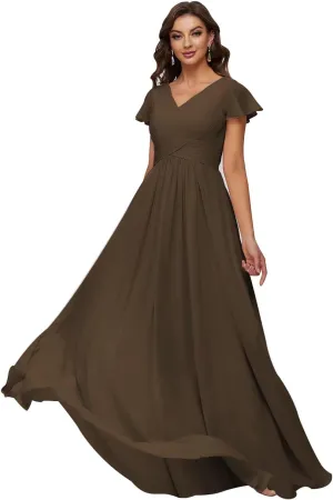Xijun Women's V-Neck Chiffon Bridesmaid Dresses Long Bodices Pleated Evening Gowns Formal Wedding Party Dress