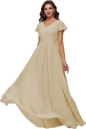 Xijun Women's V-Neck Chiffon Bridesmaid Dresses Long Bodices Pleated Evening Gowns Formal Wedding Party Dress