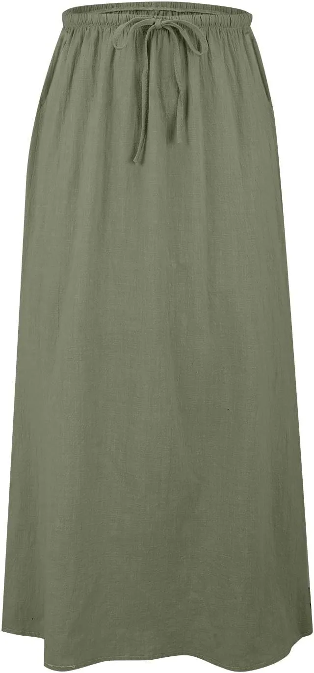 XOWRTE Linen Maxi Skirts for Women Trendy Summer Comfy Drawstring Waist A Line Skirts Cute Vacation Boho Long Flowy Skirts