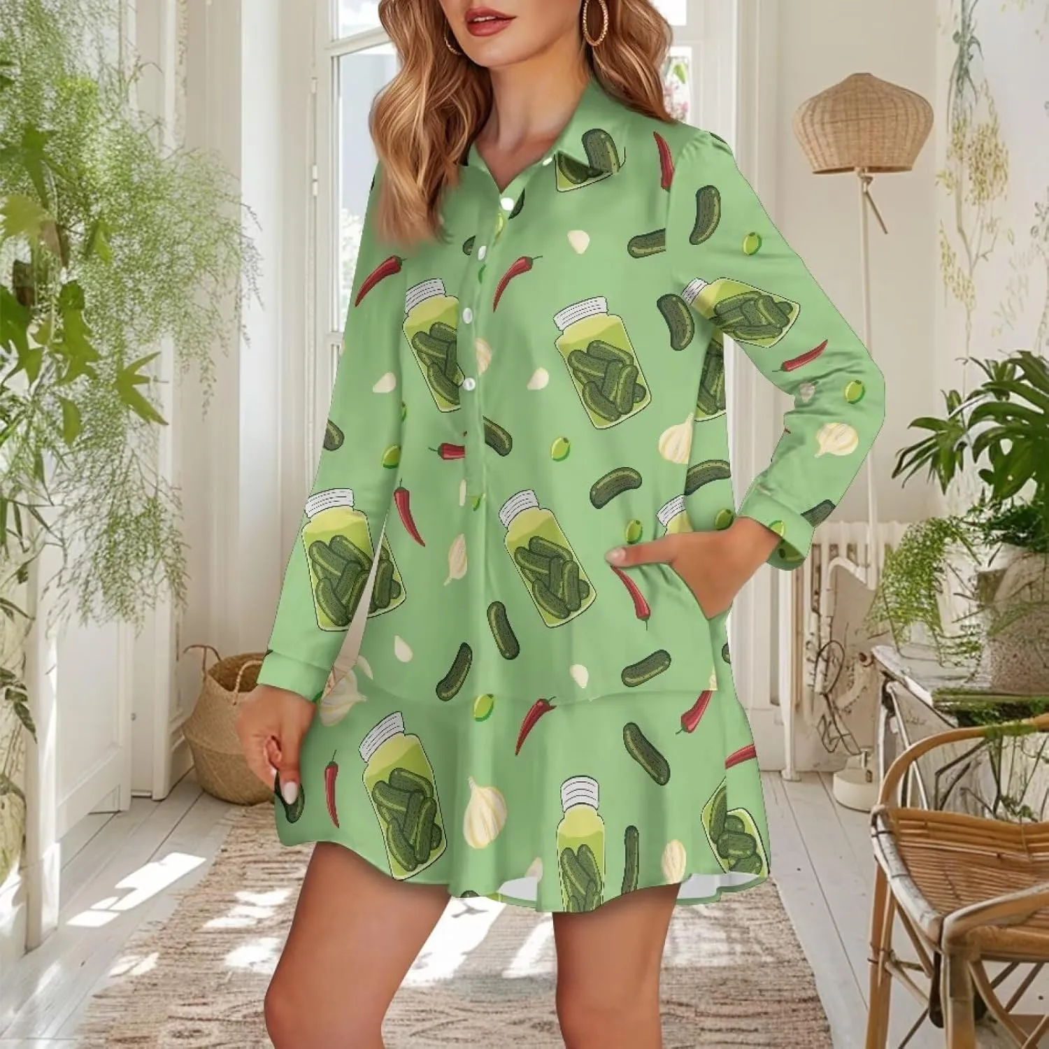 Youngerbaby Shirt Dresses for Women Long Sleeve Mini Dresses with Pockets Ruffee Hem Dresses S-2XL