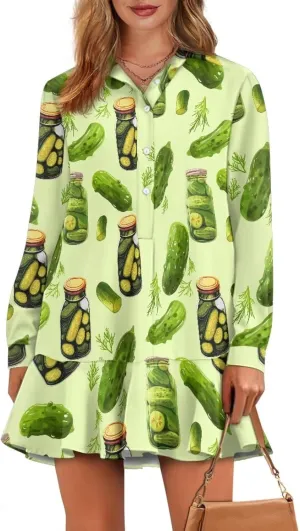 Youngerbaby Shirt Dresses for Women Long Sleeve Mini Dresses with Pockets Ruffee Hem Dresses S-2XL