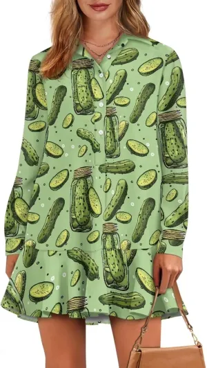 Youngerbaby Shirt Dresses for Women Long Sleeve Mini Dresses with Pockets Ruffee Hem Dresses S-2XL