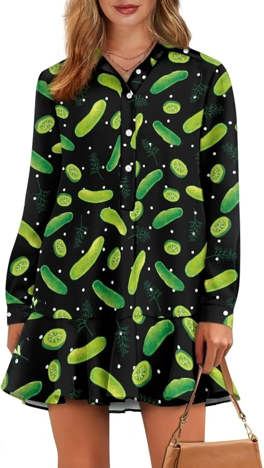 Youngerbaby Shirt Dresses for Women Long Sleeve Mini Dresses with Pockets Ruffee Hem Dresses S-2XL