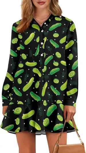 Youngerbaby Shirt Dresses for Women Long Sleeve Mini Dresses with Pockets Ruffee Hem Dresses S-2XL