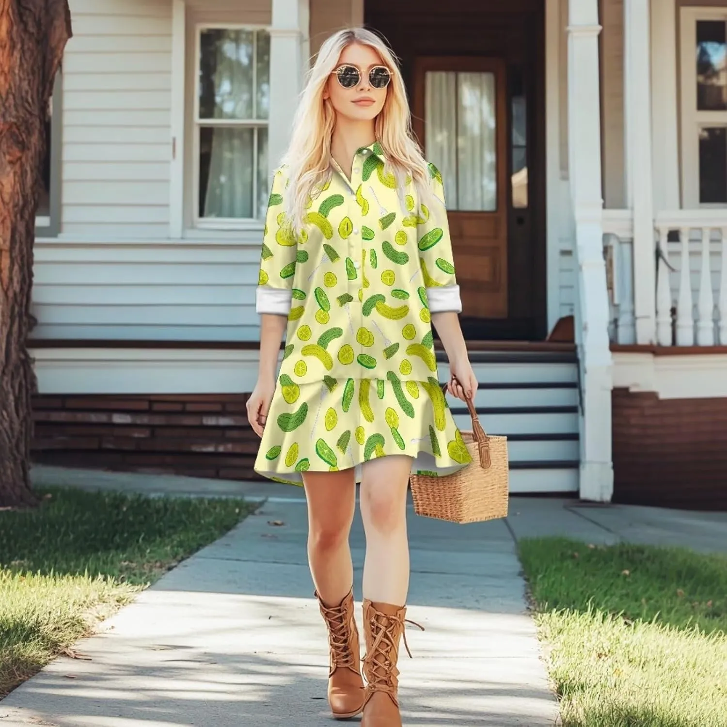Youngerbaby Shirt Dresses for Women Long Sleeve Mini Dresses with Pockets Ruffee Hem Dresses S-2XL