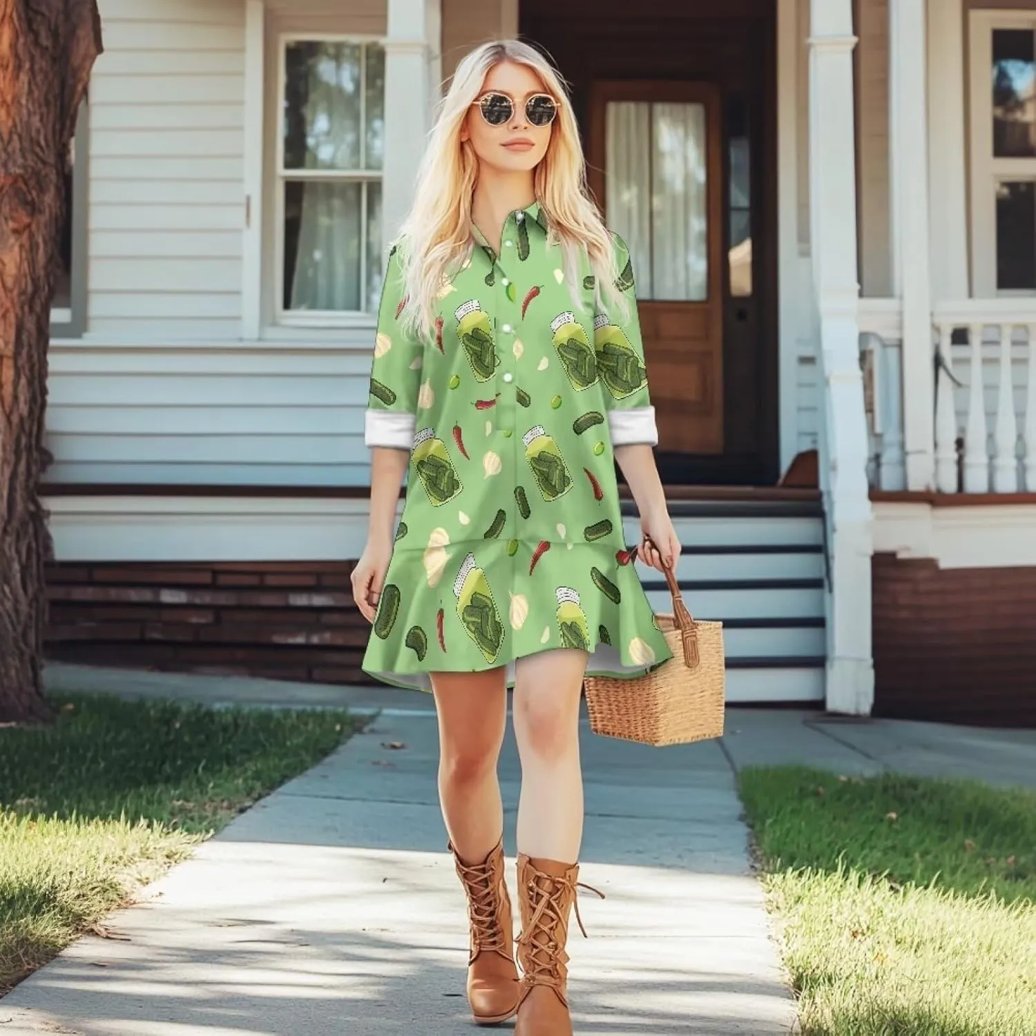 Youngerbaby Shirt Dresses for Women Long Sleeve Mini Dresses with Pockets Ruffee Hem Dresses S-2XL