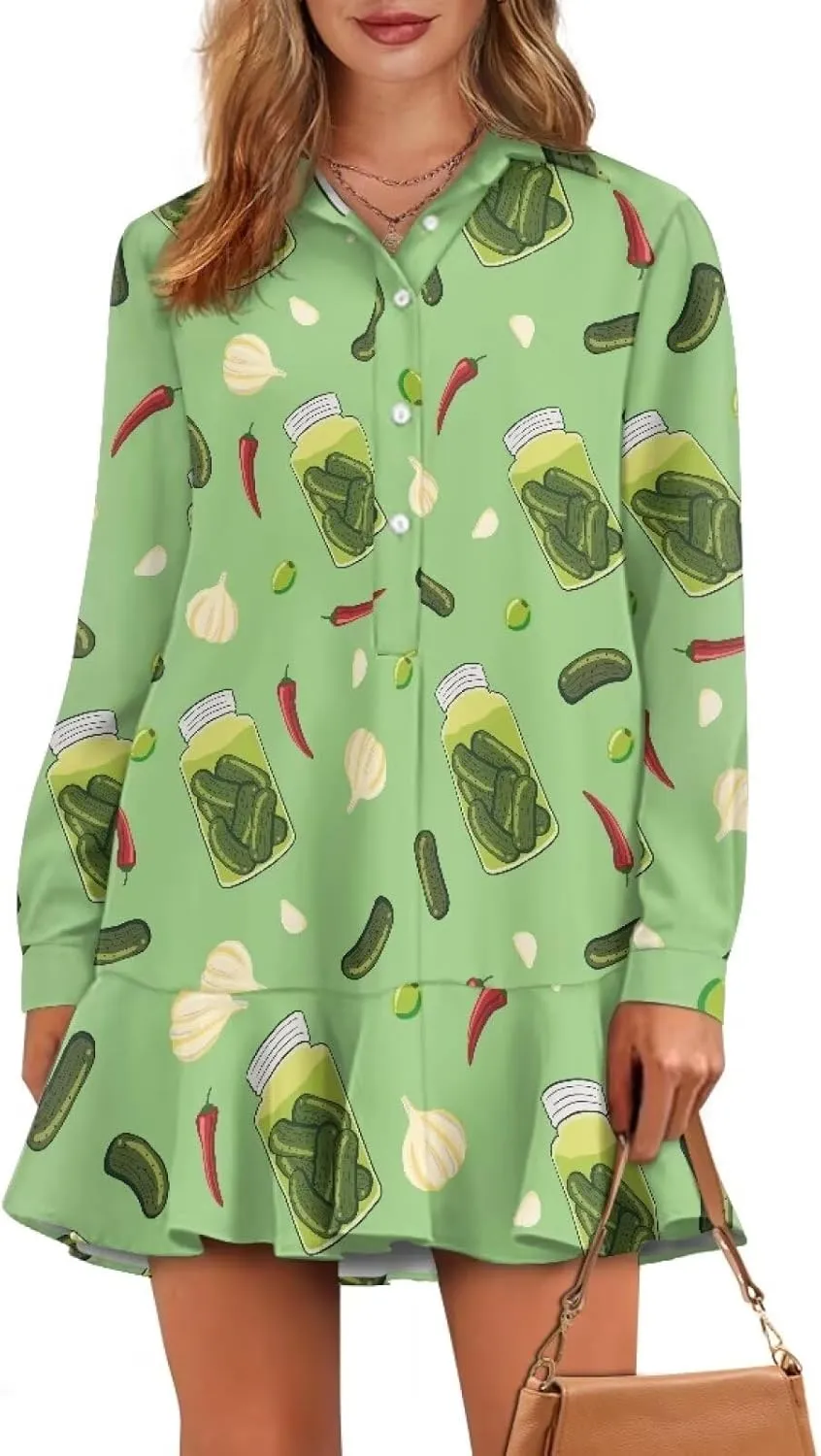 Youngerbaby Shirt Dresses for Women Long Sleeve Mini Dresses with Pockets Ruffee Hem Dresses S-2XL