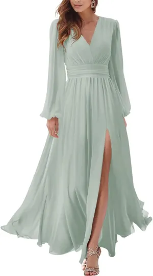 YRGERATON Long Sleeve Wedding Bridesmaid Dresses V-Neck Pleated Chiffon Formal Evening Prom Gown with Slit J133