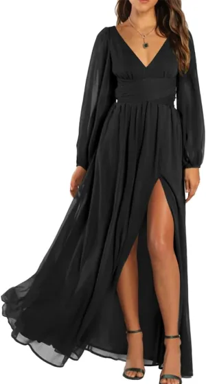 YRGERATON Long Sleeve Wedding Bridesmaid Dresses V-Neck Pleated Chiffon Formal Evening Prom Gown with Slit J83