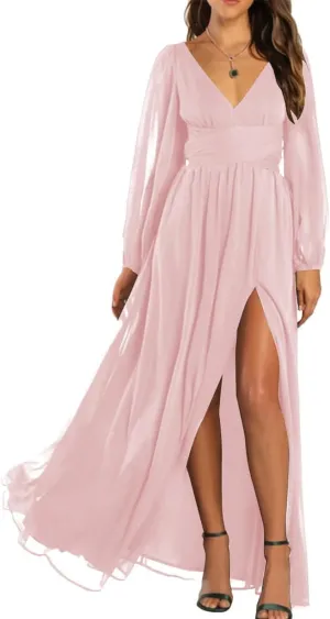 YRGERATON Long Sleeve Wedding Bridesmaid Dresses V-Neck Pleated Chiffon Formal Evening Prom Gown with Slit J83