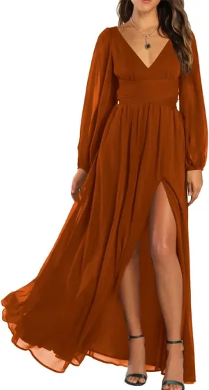 YRGERATON Long Sleeve Wedding Bridesmaid Dresses V-Neck Pleated Chiffon Formal Evening Prom Gown with Slit J83