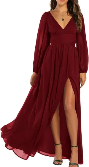 YRGERATON Long Sleeve Wedding Bridesmaid Dresses V-Neck Pleated Chiffon Formal Evening Prom Gown with Slit J83