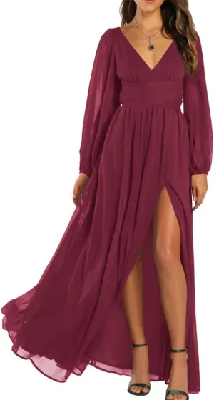 YRGERATON Long Sleeve Wedding Bridesmaid Dresses V-Neck Pleated Chiffon Formal Evening Prom Gown with Slit J83