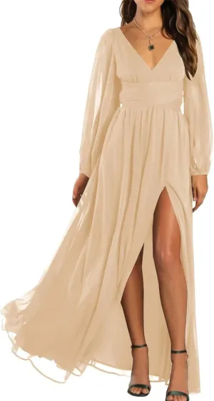 YRGERATON Long Sleeve Wedding Bridesmaid Dresses V-Neck Pleated Chiffon Formal Evening Prom Gown with Slit J83