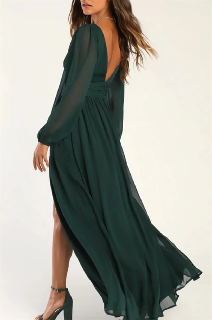 YRGERATON Long Sleeve Wedding Bridesmaid Dresses V-Neck Pleated Chiffon Formal Evening Prom Gown with Slit J83