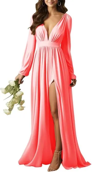 YRGERATON Long Sleeve Wedding Bridesmaid Dresses V-Neck Pleated Chiffon Formal Evening Prom Gown with Slit J84